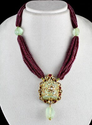 Certified Natural Emerald 10ct Ruby Beads 18k Gold Diamond Jadau Necklace