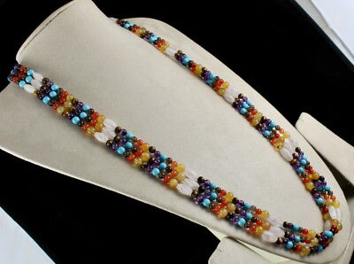 Handmade Natural Semi Precious 1077 Ct Beads 3 Line Gemstone Fashion Necklace