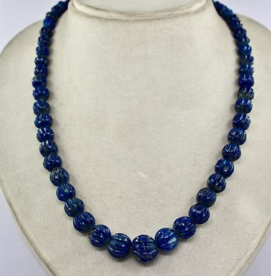 Natural Blue Lapis Lazuli Beads Necklace 390 Cts Carved Round Gemstone 1 Line