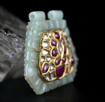 Antique Natural Nephrite Jade 140ct Diamond Rubies 22k Gold Two Side Pendant