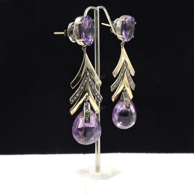 Amethyst 10 Ct & Natural Diamond Victorian Pavé Earrings 18K Solid Gold