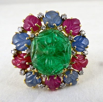 Certified Natural Emerald Ruby Sapphire 10ct Carved Diamond 18k Gold Ring