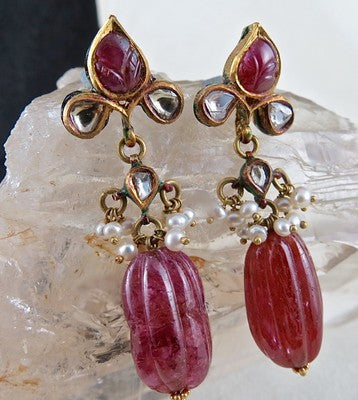 Certified Antique Natural Ruby 64.50 Ct 22k Gold Diamond Pearl Jadau Earrings