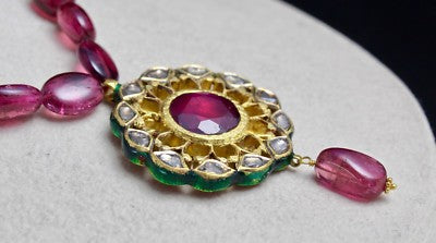 Antique 22k Gold Natural Diamond Pink Tourmaline Jadau Set 257ct Earrings