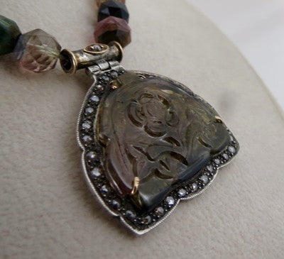 Multi Colour Tourmaline 10ct Natural Diamond Victorian Pendant Sterling Silver