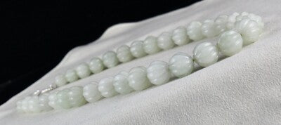 Natural Aventurine Jade 568 Ct Carved Melon Gem Beads Sterling Silver Necklace