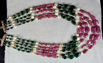 Certified Antique Natural Ruby 1196ct Emerald Pearl 18k Gold Necklace For Women