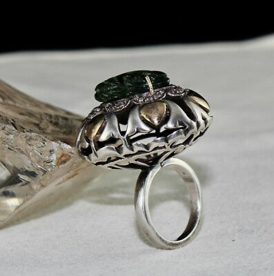 Antique Green Tourmaline 1.75ct Natural Diamond 18k Gold Sterling Silver Ring