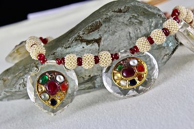 Certified Natural Rock Crystal Navratan 22k Gold Jadau Pearl 10ct Necklace