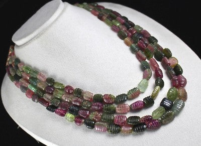 Certified Natural Multi Colour Tourmaline Carved Beads Necklace 1074 Ct Gemstone