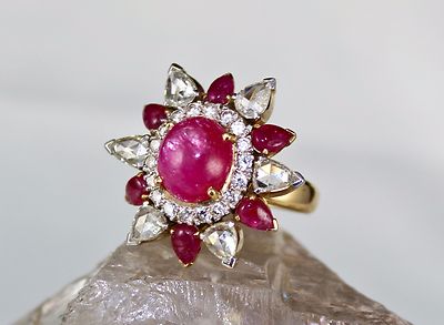 Certified Natural Ruby 62.85ct Cabochon Natural Diamond 18k Gold Cocktail Ring