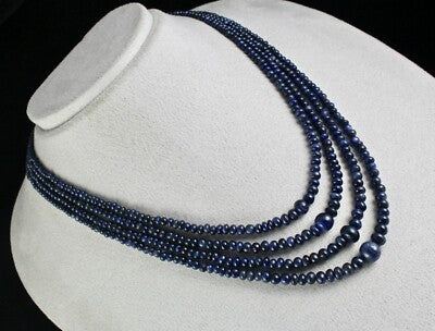 Certified Natural Blue Sapphire Round Beads 382 Ct Sterling Silver Necklace