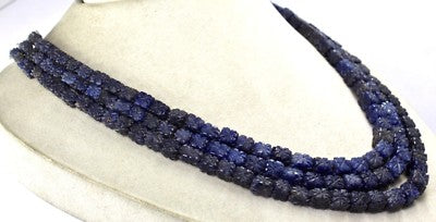 Natural Blue Jade Carved Square Beads Necklace 652 Ct 3 Line Gemstone Fashion