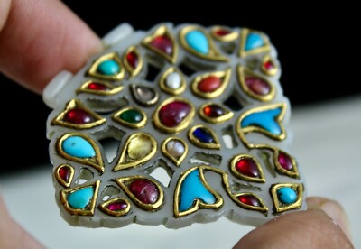 Certified Antique Persian Jade 127ct Natural Diamond 22k Gold Navratan Pendant