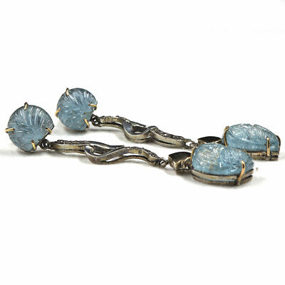 Natural Blue Aquamarine 81.55ct Carved Diamond 18k Gold 925 Silver Earrings