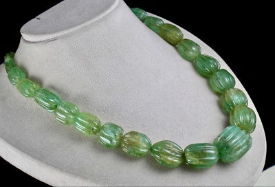 Certified Natural Emerald 900ct Carved Beads 27mm Vintage Necklace For Women