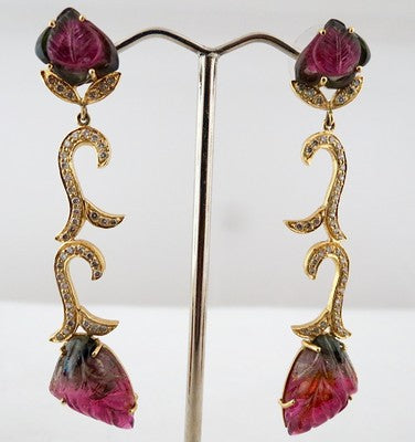 Certified Natural Multi Tourmaline 10ct Diamond 18k Yellow Gold Dangle Earrings