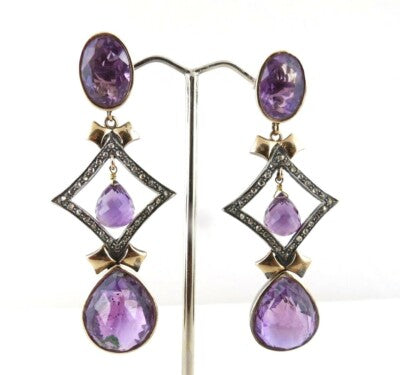 Natural Amethyst 10+ct Natural Diamond 18k Gold & Sterling Silver Earrings