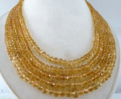 Natural Citrine 600 Carats Beaded Necklace 5-line Faceted Round Gemstone String