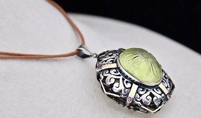 Natural Lemon Quartz 50ct Garnet Cut 18k Gold 925 Sterling Silver Carved Pendant