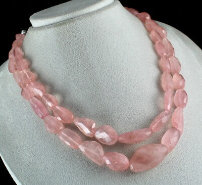 Natural Rose Quartz 683 Ct Beaded Necklace 2 Line Nugget Gemstone Strings