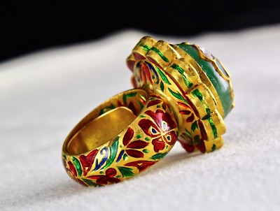 Certified Natural Emerald Ruby Cabochon Natural Diamond 22k Gold Jadau Ring