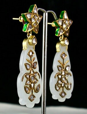 Certified Antique Nephrite Jade 90ct Natural Diamond 18k Gold Jadau Earrings