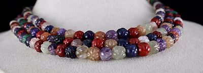 3 Line Multi Semi-precious Carved Beads Gemstone Ladies Necklace 463ct