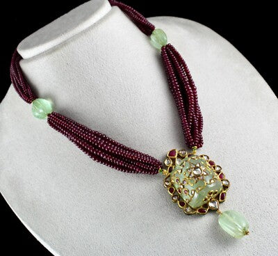 Certified Natural Emerald 10ct Ruby Beads 18k Gold Diamond Jadau Necklace