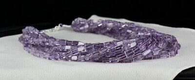Natural Amethyst Tube Beads 1439 Carats Sterling Silver Gemstone Necklace