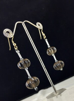 Natural Smoky Quartz Beads 62 Ct Melon Carved 4 Pcs Gemstone Earring Pair