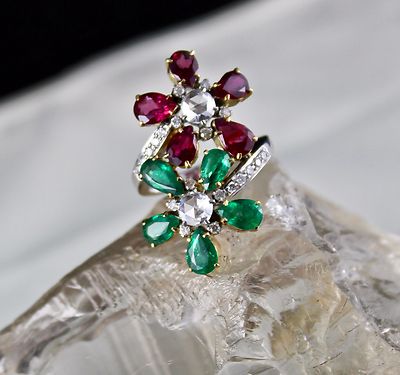 Certified Natural Emerald Rubellite Diamond 10ct 18k Gold Flower Cocktail Ring