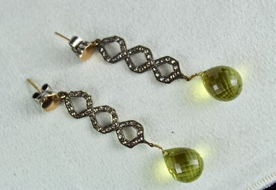 Estate 26ct Lemon Quartz Briolette Natural Diamond 18k Gold Victorian Earrings