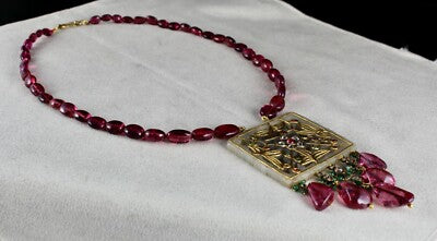 Certified Old Persian Jade Natural Diamond 10ct Tourmaline 18k Gold Pendant