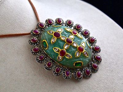 Certified Antique Green Emerald 10ct Natural Diamond 18k Gold Pendant 925 Silver