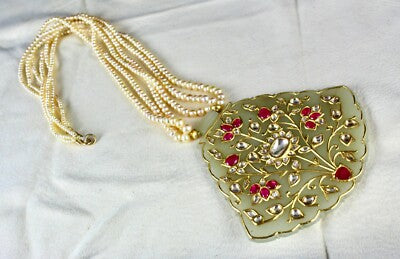 Certified Antique Nephrite Jade Ruby 10ct Natural Diamond 22k Gold Pearl Pendant