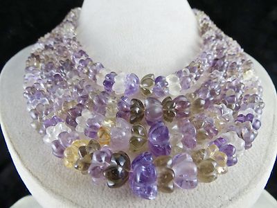 Vintage Natural Multi Amethyst Citrine Quartz 903 Ct Engraved Beads Necklace