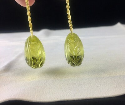 Natural Green Gold Lemon Quartz Carved Drops 153 Cts Earring Pendant Stone
