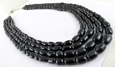 Black Onyx 830 Ct Long Tube Beaded 4 Line Sterling Silver Fashion Necklace