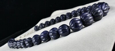Natural Blue Jade 1001 Carats Carved Beads Sterling Silver Necklace