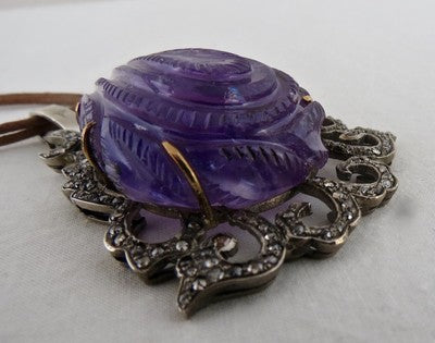 Certified Antique Old Amethyst 139ct Natural Diamond Victorian Pendant 18k Gold