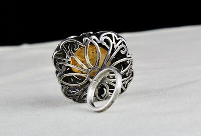 Antique Yellow Citrine 10ct Natural Diamond 18k Gold 925 Silver Victorian Ring