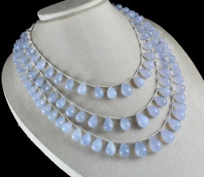 Certified Natural Blue Chalcedony 814ct Teardrop Beads Fine Necklace