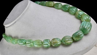 Certified Natural Emerald 900ct Carved Beads 27mm Vintage Necklace For Women