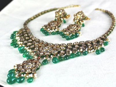 Certified Natural Diamond Pearl Emerald Meena 22k Gold Necklace Earring Set 10ct