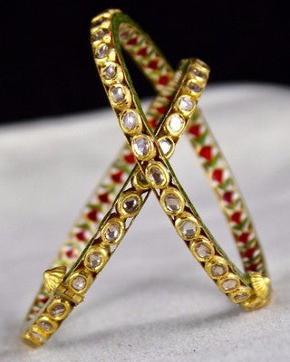 Natural Flat Diamond 40.31ct Studded 22k Gold Jadau Bangles Pair For Ladies