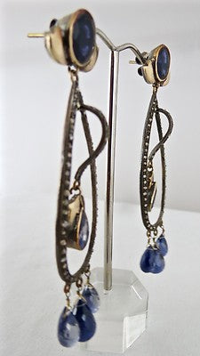 Certified Antique Natural Blue Iolite 10ct Sterling Silver & 18k Gold Earrings