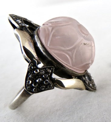 Antique Rose Quartz 62ct Natural Diamond Carved 18k Gold Sterling Silver Ring