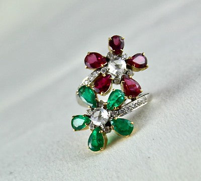Certified Natural Emerald Rubellite Diamond 10ct 18k Gold Flower Cocktail Ring