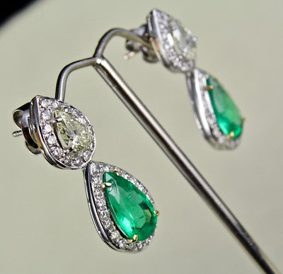 Certified Natural Zambia Emerald 54ct Natural Diamond Pear Cut 18k Gold Earrings